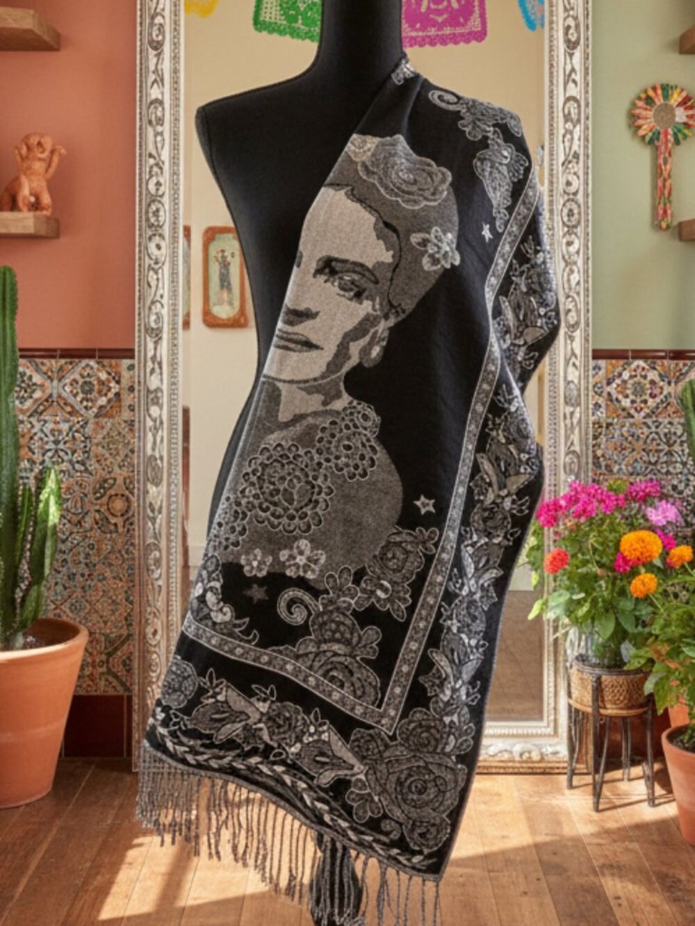 Frida Kahlo - Mexican Rebozo/Shawl - Black & White